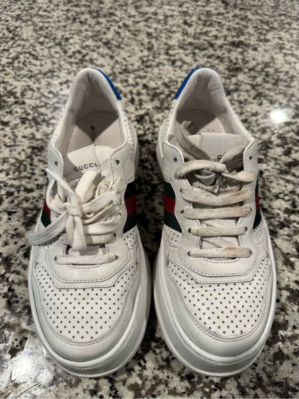 Women’s White chunky Gucci Leather Sneakers with Green & Red Stripe - Picture 2 of 7
